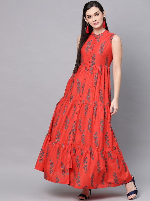 

AKS Women Red & Charcoal Grey Printed Tiered Maxi Dress