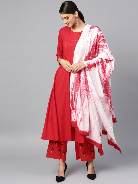

AKS Women Red & White Yoke Design Kurta with Palazzos & Dupatta