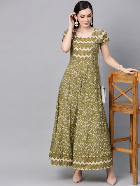 

AKS Women Olive Green & Off-White Printed Maxi Dress