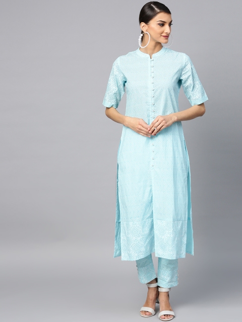 

AKS Women Blue & White Printed Kurta with Trousers