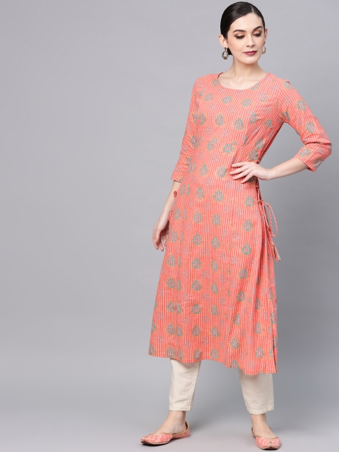 

AKS Women Coral Pink & Blue Printed A-Line Kurta