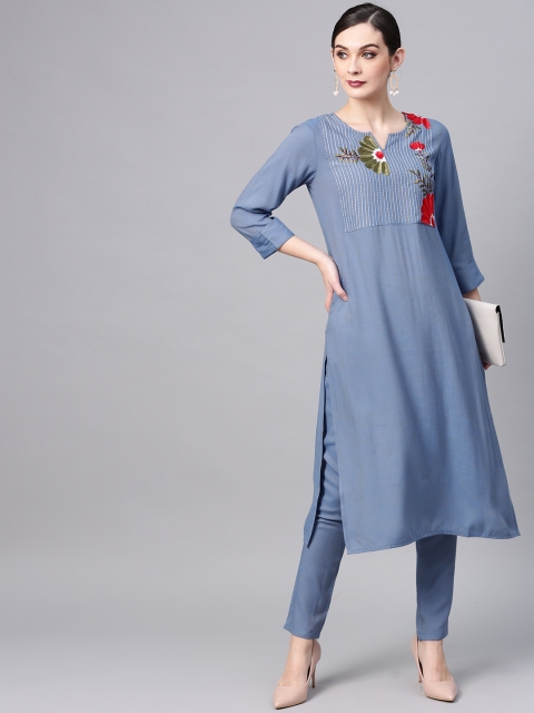 

AKS Women Blue Floral Yoke Design Straight Kurta