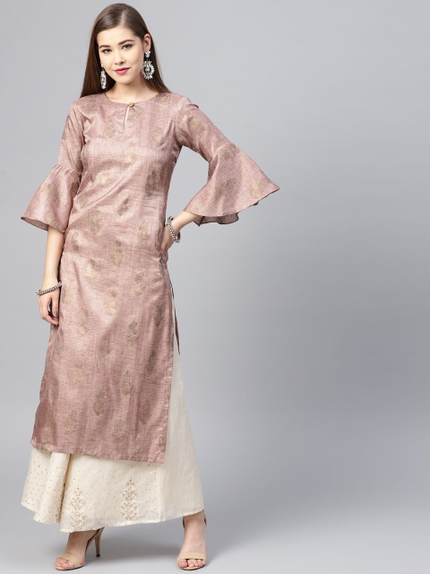 

Inddus Women Mauve & Golden Printed Straight Kurta