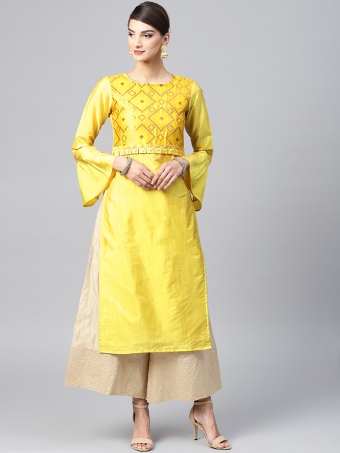 

Inddus Women Yellow Yoke Design Straight Kurta