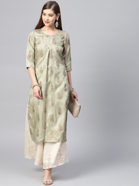 

Inddus Women Green & Golden Printed Straight Kurta