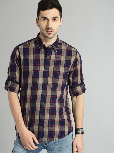 

Roadster Men Navy Blue & Beige Yarn Dyed Checked Casual Shirt