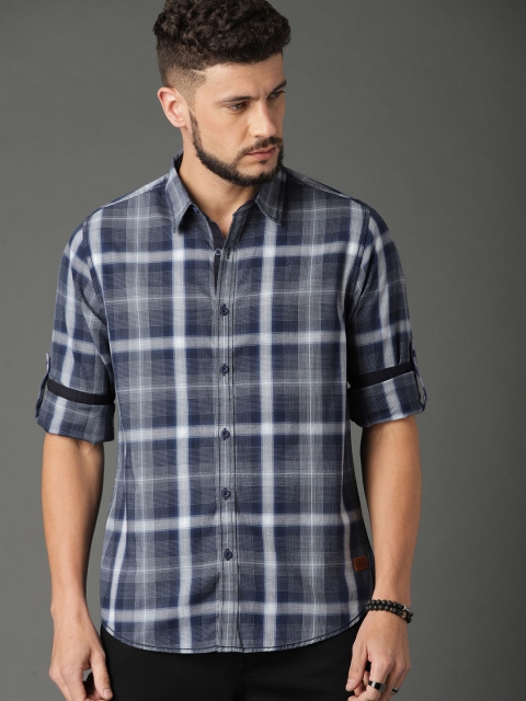 

Roadster Men Navy & Grey Regular Fit Summer Check Casual Shirt, Navy blue