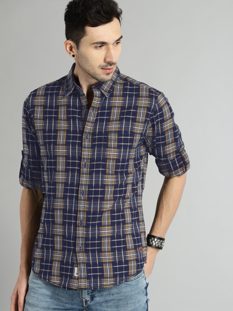 

Roadster Men Navy Blue & Khaki Brown Washed Indigo Checked Casual Shirt