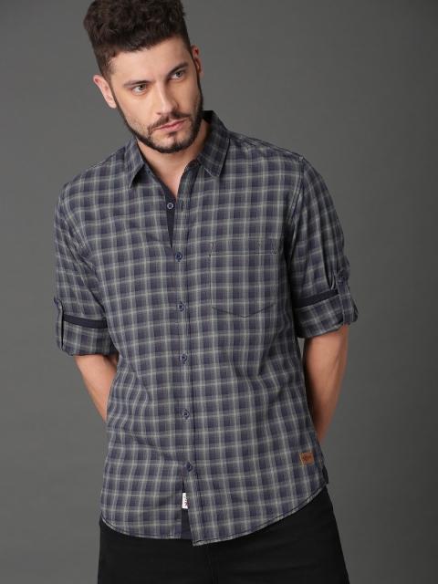 

Roadster Men Navy Blue & Grey Micro Check Casual Shirt