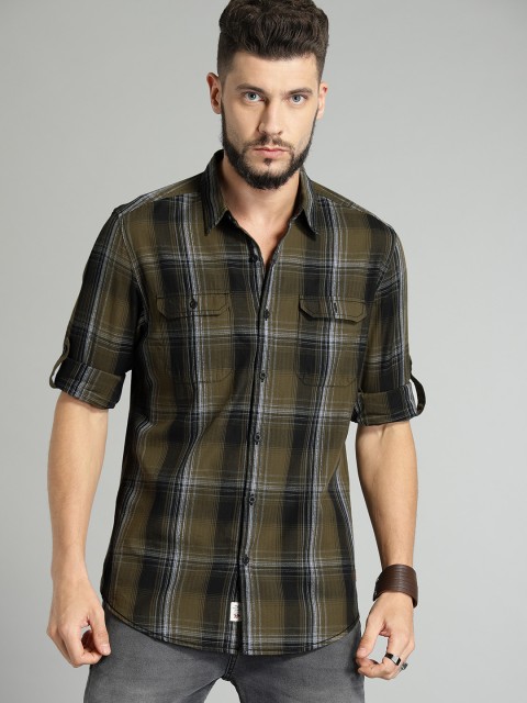 

Roadster Men Olive Green & Black Regular Fit Checked Casual Shirt