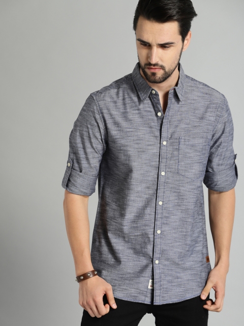

Roadster Men Grey with a Navy Blue Chambray Slub Casual Shirt