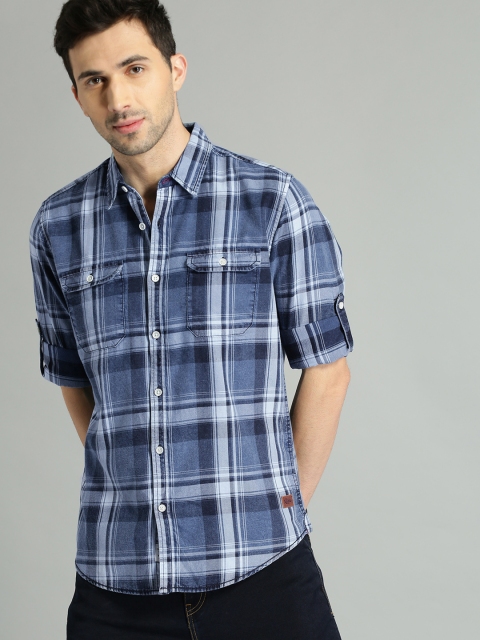 

Roadster Men Navy Blue Regular Fit Checked Casual Shirt