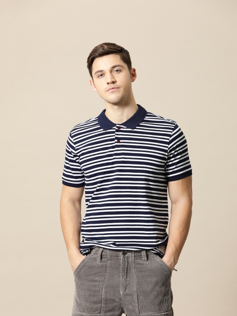 

Mr Bowerbird Men Navy Blue & White Striped Tailored Fit Polo Collar T-shirt