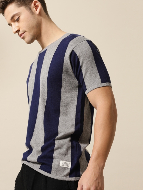 

Mr Bowerbird Men Grey Navy Blue Bold Striped Tailored Fit Round Neck Pure Cotton T-shirt