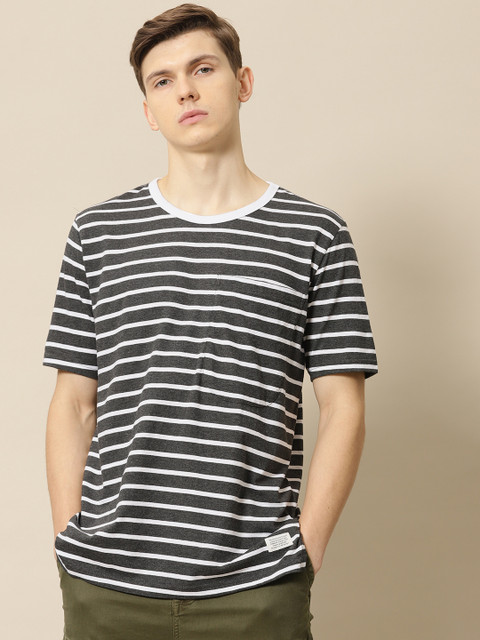 

Mr Bowerbird Men Charcoal Grey & White Striped Liberal Fit Round Neck T-shirt