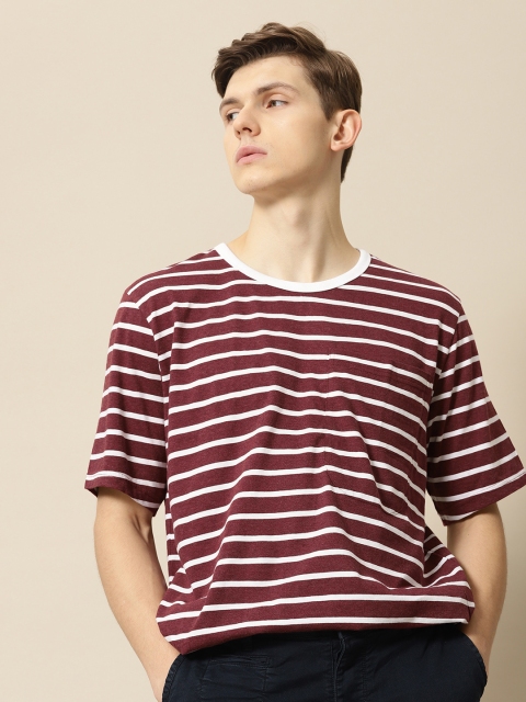 

Mr Bowerbird Men Maroon & White Striped Liberal Fit Round Neck T-shirt