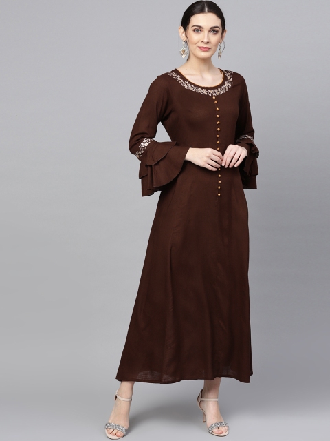 

ANAISA Women Coffee Brown Embroidered Maxi Dress