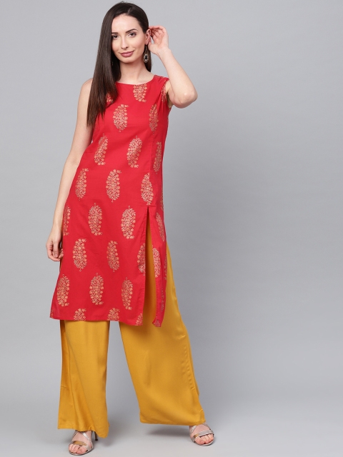 

ANAISA Women Red & Mustard Yellow Printed Kurta with Palazzos