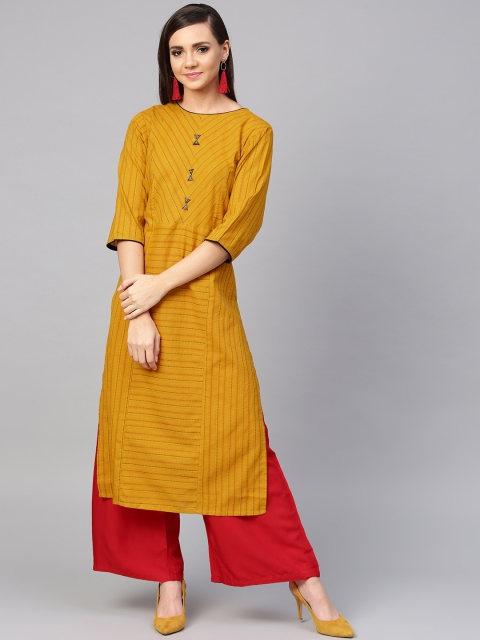 

ANAISA Women Mustard Yellow & Red Self Striped Kurta with Palazzos