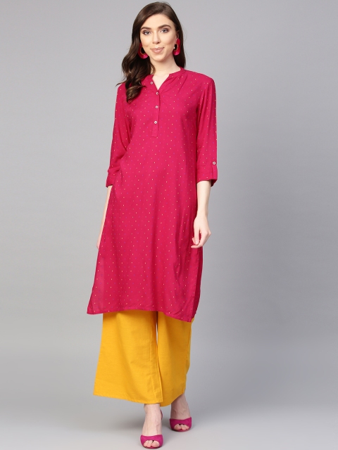 

ANAISA Women Pink & Mustard Yellow Self Design Kurta with Palazzos