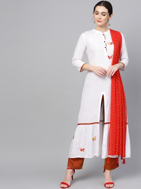 

ANAISA Women White & Red Solid Kurta with Trousers & Dupatta