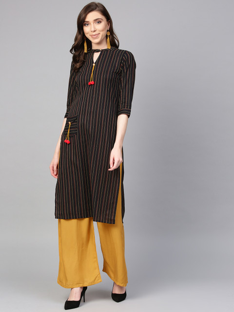 

ANAISA Women Black & Mustard Yellow Striped Kurta with Palazzos
