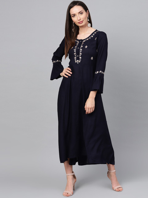 

ANAISA Women Navy Blue Embroidered Detail Maxi Dress