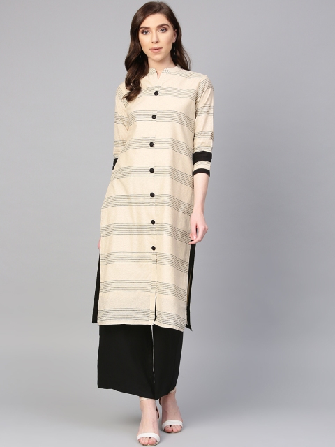 

ANAISA Women Beige & Black Striped Kurta with Palazzos