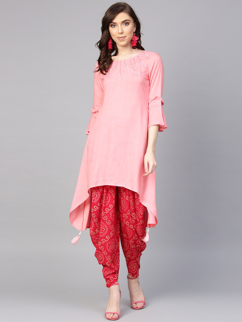 

ANAISA Women Pink & Red Yoke Design Kurta with Dhoti Pants