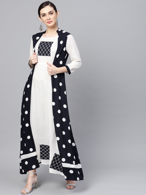 

ANAISA Women White & Navy Blue Solid Maxi Dress With Ethnic Jacket