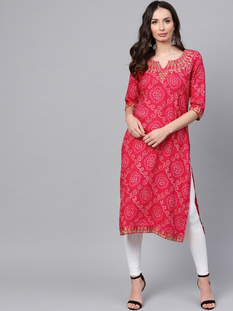 

ANAISA Women Pink & White Bandhani Embroidered Straight Kurta