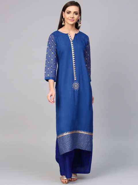 

ANAISA Women Blue & Golden Yoke Design Kurta with Palazzos