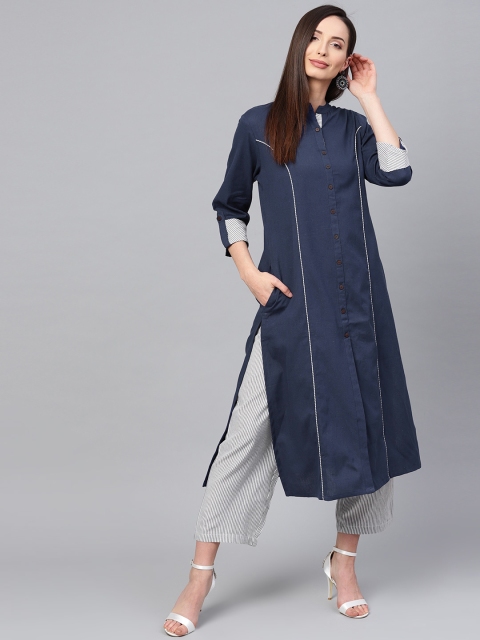 

ANAISA Women Navy Blue & Grey Solid Kurta with Palazzos