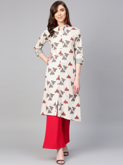 

ANAISA Women Off-White & Red Printed Kurta with Palazzos