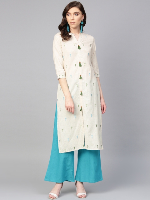 

ANAISA Women Off-White & Blue Embroidered Kurta with Palazzos