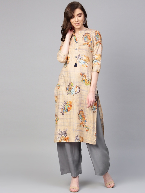 

ANAISA Women Beige & Grey Printed Kurta with Palazzos