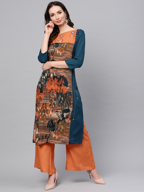 

ANAISA Women Teal Blue & Orange Printed Kurta with Palazzos