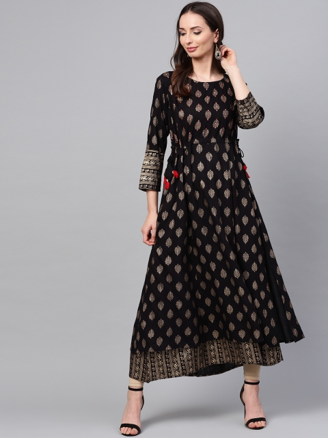 

ANAISA Women Black & Gold-Toned Mirror Work Layered Kurta
