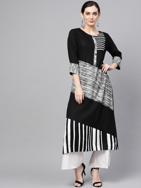 

ANAISA Women Black & White Striped Straight Kurta