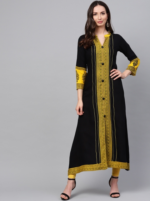 

ANAISA Women Black & Yellow Printed A-Line Kurta