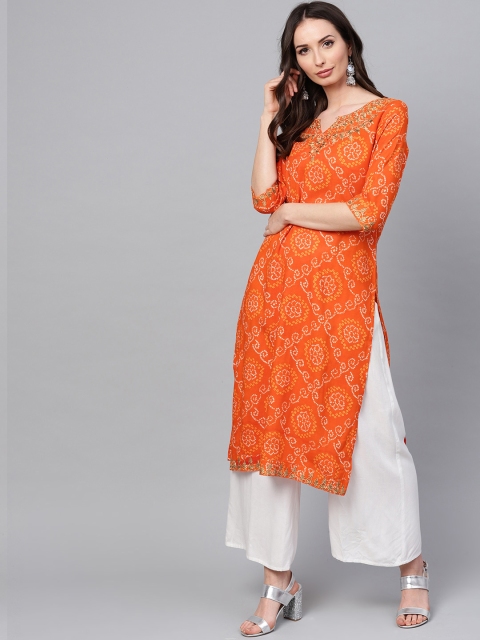

ANAISA Women Orange Embroidered Straight Kurta