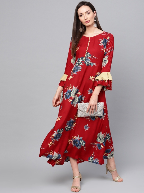 

ANAISA Women Red & Blue Floral Print Maxi Dress