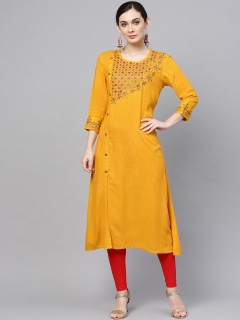 

ANAISA Women Mustard Yellow Yoke Design A-Line Kurta