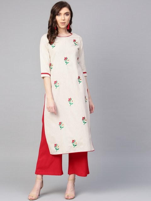 

ANAISA Women Off-White & Red Embroidered Kurta with Palazzos