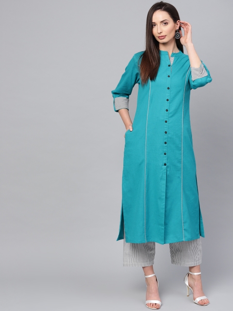 

ANAISA Women Turquoise Blue & Grey Solid Kurta with Palazzos