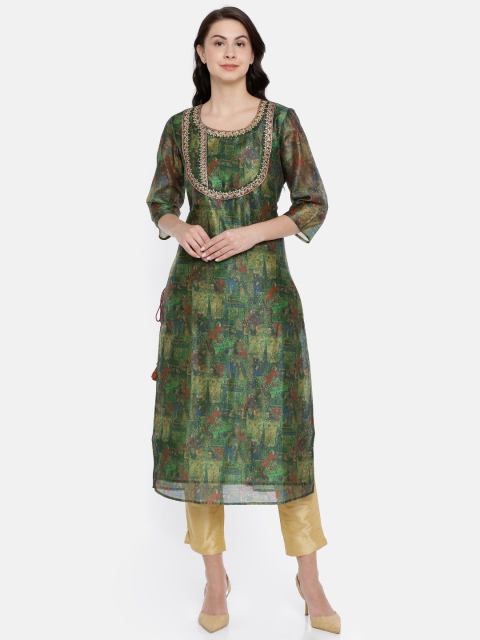 

Melange by Lifestyle Women Olive Green Printed Straight Kurta