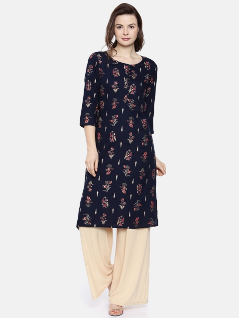 

Melange by Lifestyle Women Navy Blue Printed Straight Kurta
