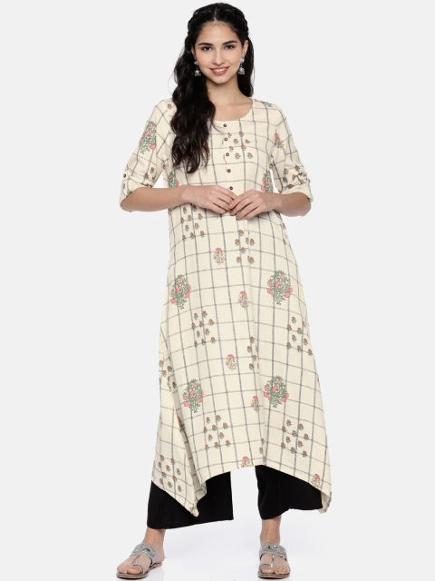 

Melange by Lifestyle Women Off-White & Black Checked Straight Kurta
