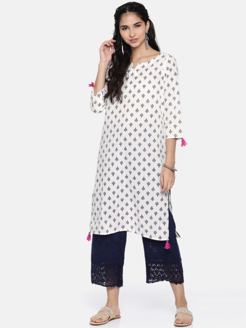 

Melange by Lifestyle Women White & Navy Blue Printed Straight Kurta