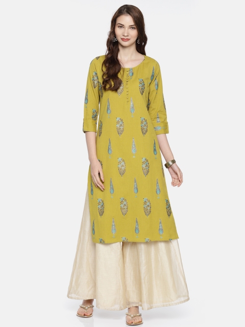 

Melange by Lifestyle Women Lime Green & Turquoise Blue Printed Straight Kurta